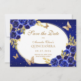 Floral Royal Blauw Gouden Vlinder Quinceanera Aankondiging