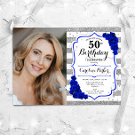 Floral Royal Blauw Zilver Wit Foto 50ste Verjaarda Kaart<br><div class="desc">Elegante bloemenvrouwelijke 50e verjaardagsuitnodiging met uw foto. Glam, wit en koningsblauw ontwerp met faux glitter zilver. Met strepen, saffierblauwe rozen, scriptlettertype en confetti. Perfect voor een stijlvol volwassen feestje. Personaliseer met je eigen gegevens. Kan voor om het even welke leeftijd worden aangepast! Gedrukte Zazzle-uitnodigingen of direct download digitale afdrukbare sjabloon....</div>