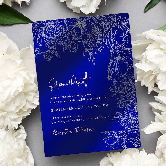 Floral Royal Blue Arch Wedding Invitation Kaart