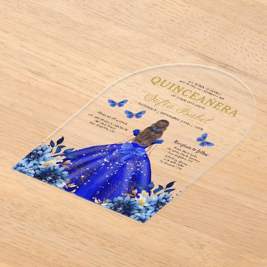 Floral Royal Blue Butterfly Princess Quinceanera Acryl Uitnodigingen (Laagn)