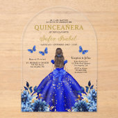 Floral Royal Blue Butterfly Princess Quinceanera Acryl Uitnodigingen (Voorkant)