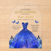 Floral Royal Blue Butterfly Princess Quinceanera Acryl Uitnodigingen (Voorkant)
