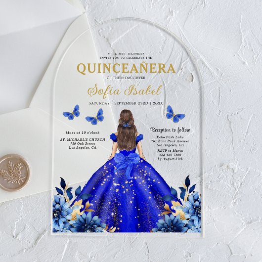 Floral Royal Blue Butterfly Princess Quinceanera Acryl Uitnodigingen