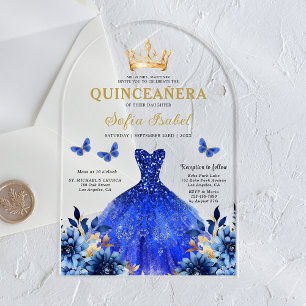 Floral Royal Blue Butterfly Princess Quinceanera Acryl Uitnodigingen