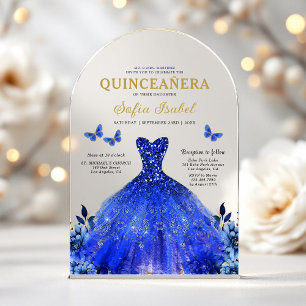 Floral Royal Blue Butterfly Princess Quinceanera Acryl Uitnodigingen