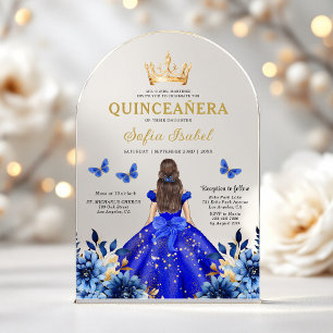 Floral Royal Blue Butterfly Princess Quinceanera Acryl Uitnodigingen