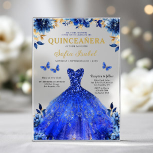 Floral Royal Blue Butterfly Princess Quinceanera Acryl Uitnodigingen