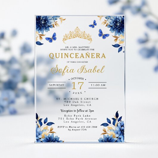 Floral Royal Blue Butterfly Princess Quinceanera Acryl Uitnodigingen
