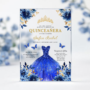 Floral Royal Blue Butterfly Princess Quinceanera Acryl Uitnodigingen