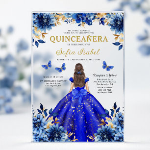 Floral Royal Blue Butterfly Princess Quinceanera Acryl Uitnodigingen