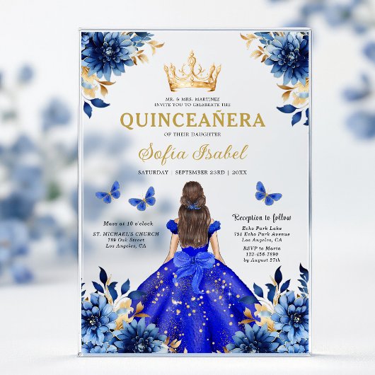 Floral Royal Blue Butterfly Princess Quinceanera Acryl Uitnodigingen
