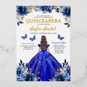 Floral Royal Blue Butterfly Princess Quinceanera Folie Uitnodiging (Voorkant)