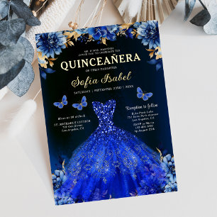 Floral Royal Blue Butterfly Princess Quinceanera Folie Uitnodiging