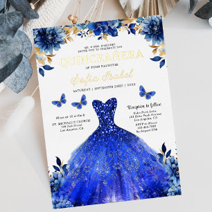 Floral Royal Blue Butterfly Princess Quinceanera Folie Uitnodiging