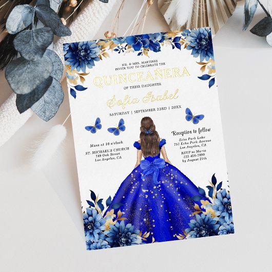 Floral Royal Blue Butterfly Princess Quinceanera Folie Uitnodiging