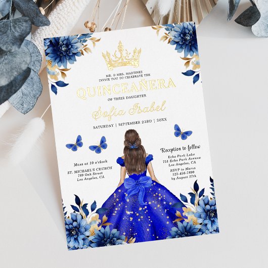 Floral Royal Blue Butterfly Princess Quinceanera Folie Uitnodiging