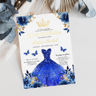Floral Royal Blue Butterfly Princess Quinceanera Folie Uitnodiging