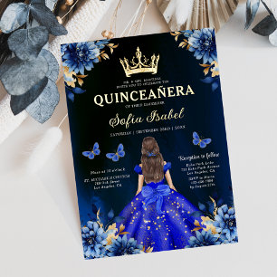 Floral Royal Blue Butterfly Princess Quinceanera Folie Uitnodiging