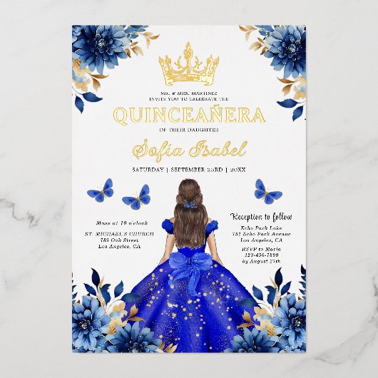 Floral Royal Blue Butterfly Princess Quinceanera Folie Uitnodiging (Voorkant)