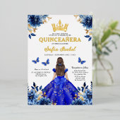 Floral Royal Blue Butterfly Princess Quinceanera Folie Uitnodiging (Staand Voorkant)