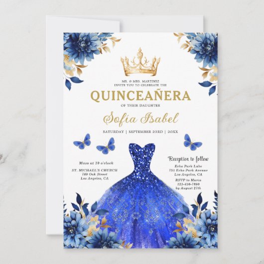 Floral Royal Blue Butterfly Princess Quinceanera Kaart (Voorkant)