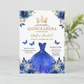 Floral Royal Blue Butterfly Princess Quinceanera Kaart (Staand voorkant)
