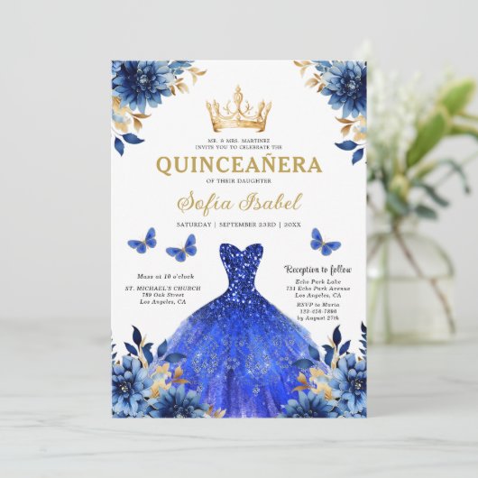 Floral Royal Blue Butterfly Princess Quinceanera Kaart (Staand voorkant)
