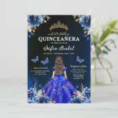 Floral Royal Blue Butterfly Princess Quinceanera Kaart (Staand voorkant)
