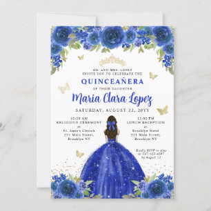 Floral Royal Blue Butterfly Princess Quinceanera Kaart