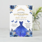 Floral Royal Blue Butterfly Princess Quinceanera Kaart (Staand voorkant)
