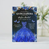 Floral Royal Blue Butterfly Princess Quinceanera Kaart (Staand voorkant)