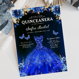 Floral Royal Blue Butterfly Princess Quinceanera Kaart