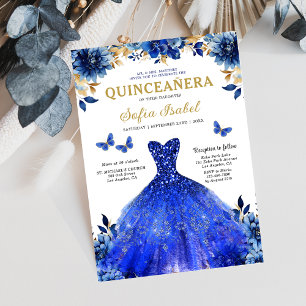 Floral Royal Blue Butterfly Princess Quinceanera Kaart