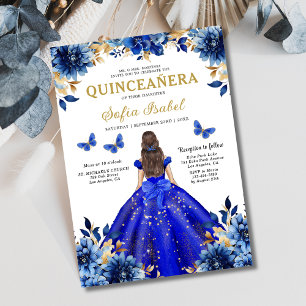 Floral Royal Blue Butterfly Princess Quinceanera Kaart