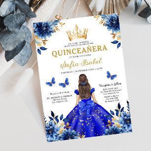 Floral Royal Blue Butterfly Princess Quinceanera Kaart