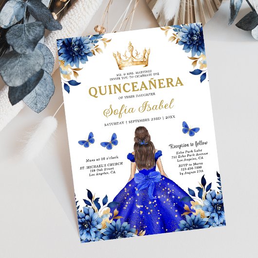 Floral Royal Blue Butterfly Princess Quinceanera Kaart