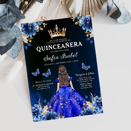 Floral Royal Blue Butterfly Princess Quinceanera Kaart