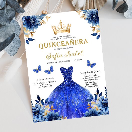 Floral Royal Blue Butterfly Princess Quinceanera Kaart