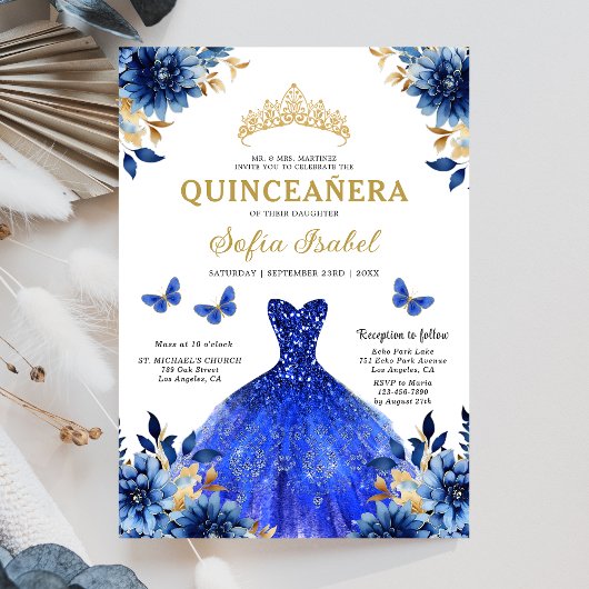 Floral Royal Blue Butterfly Princess Quinceanera Kaart