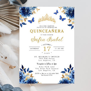 Floral Royal Blue Butterfly Princess Quinceanera Kaart