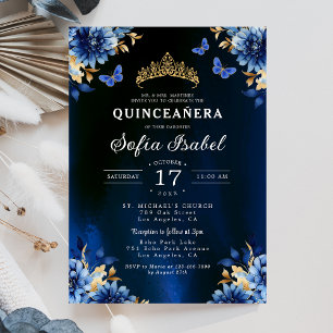 Floral Royal Blue Butterfly Princess Quinceanera Kaart