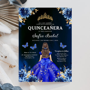 Floral Royal Blue Butterfly Princess Quinceanera Kaart