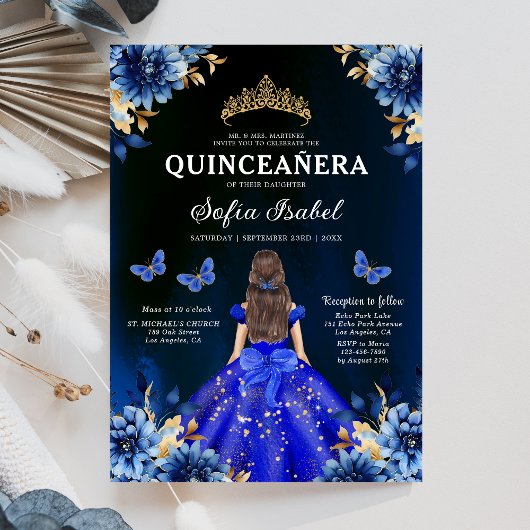 Floral Royal Blue Butterfly Princess Quinceanera Kaart