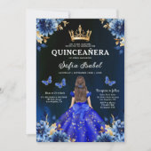 Floral Royal Blue Butterfly Princess Quinceanera Kaart (Voorkant)