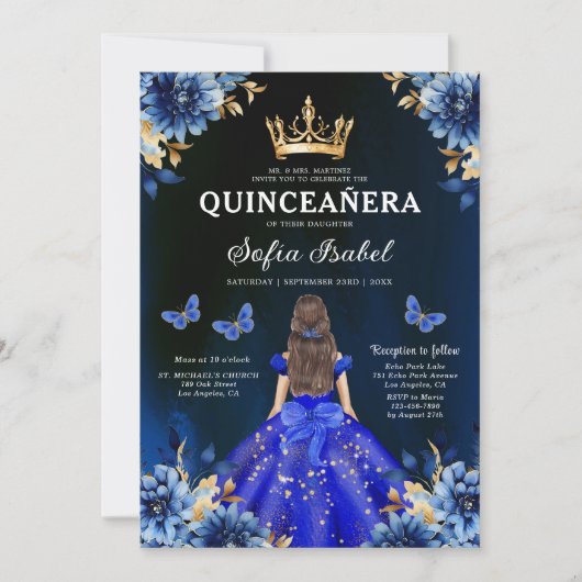 Floral Royal Blue Butterfly Princess Quinceanera Kaart (Voorkant)