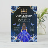 Floral Royal Blue Butterfly Princess Quinceanera Kaart (Staand voorkant)