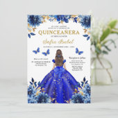 Floral Royal Blue Butterfly Princess Quinceanera Kaart (Staand voorkant)