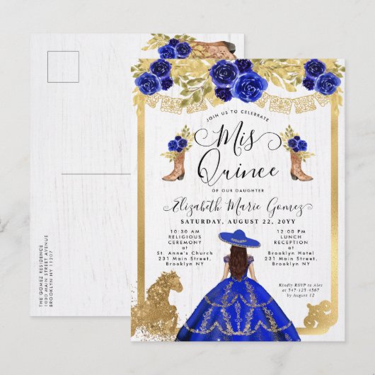 Floral Royal Blue Charra Princess Quinceanera Uitnodiging Briefkaart (Voorkant / Achterkant)