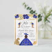 Floral Royal Blue Charra Princess Quinceanera Uitnodiging Briefkaart (Staand voorkant)