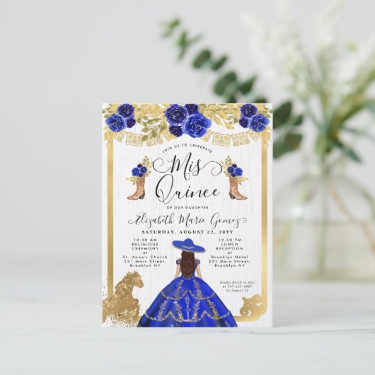 Floral Royal Blue Charra Princess Quinceanera Uitnodiging Briefkaart (Staand voorkant)